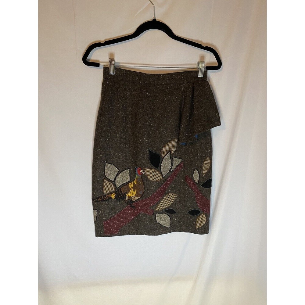 Floreat Anthropologie Embroidered Pheasant Ruffle Wool Blend Skirt Brown Size 2
